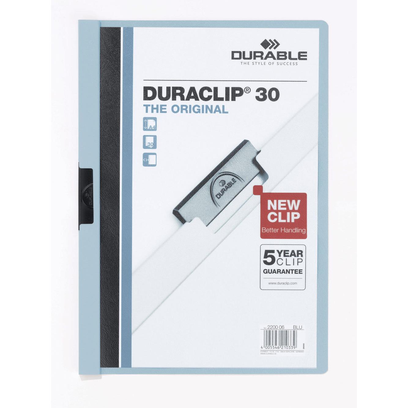 Chemise de prsentation  clip Duraclip A4 - capacit 30 feuilles - coloris bleu clair