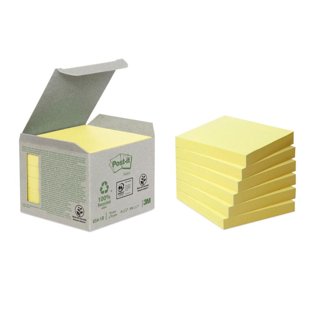 Notes adhsives Post-It en mini tour - 100 feuilles - papier recycl - jaune - 76 x 76 mm - paquet 6 blocs