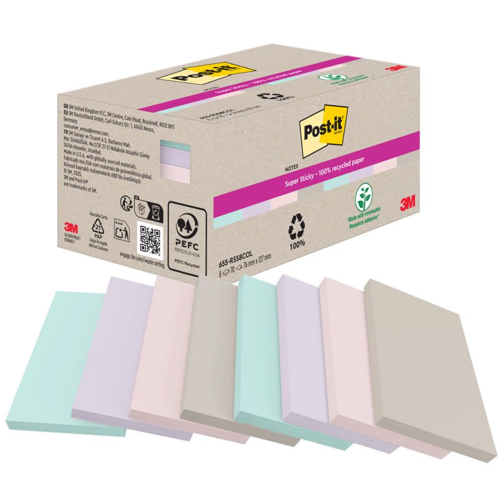 Notes Super Post-it Sticky Recycl�es 76 x 127 mm 3M - Boite de 8 blocs rectangulaires de 70 feuilles - Asorties
