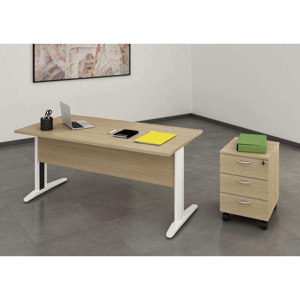Pack Pulse Prestige - 1 bureau - 140 cm - ch�ne - pieds blancs  - 1 caisson - 3 tiroirs