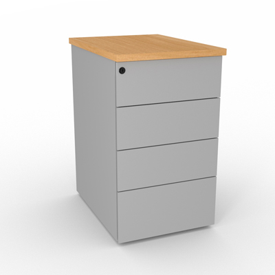Caisson mtallique hauteur bureau 4 tiroirs plats - prof 60 cm - top htre saumonn - gris aluminium - L 43 x H 73,5 cm