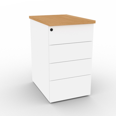 Caisson mtallique hauteur bureau 4 tiroirs plats - prof 60 cm - top htre saumonn - blanc - L 43 x H 73,5 cm