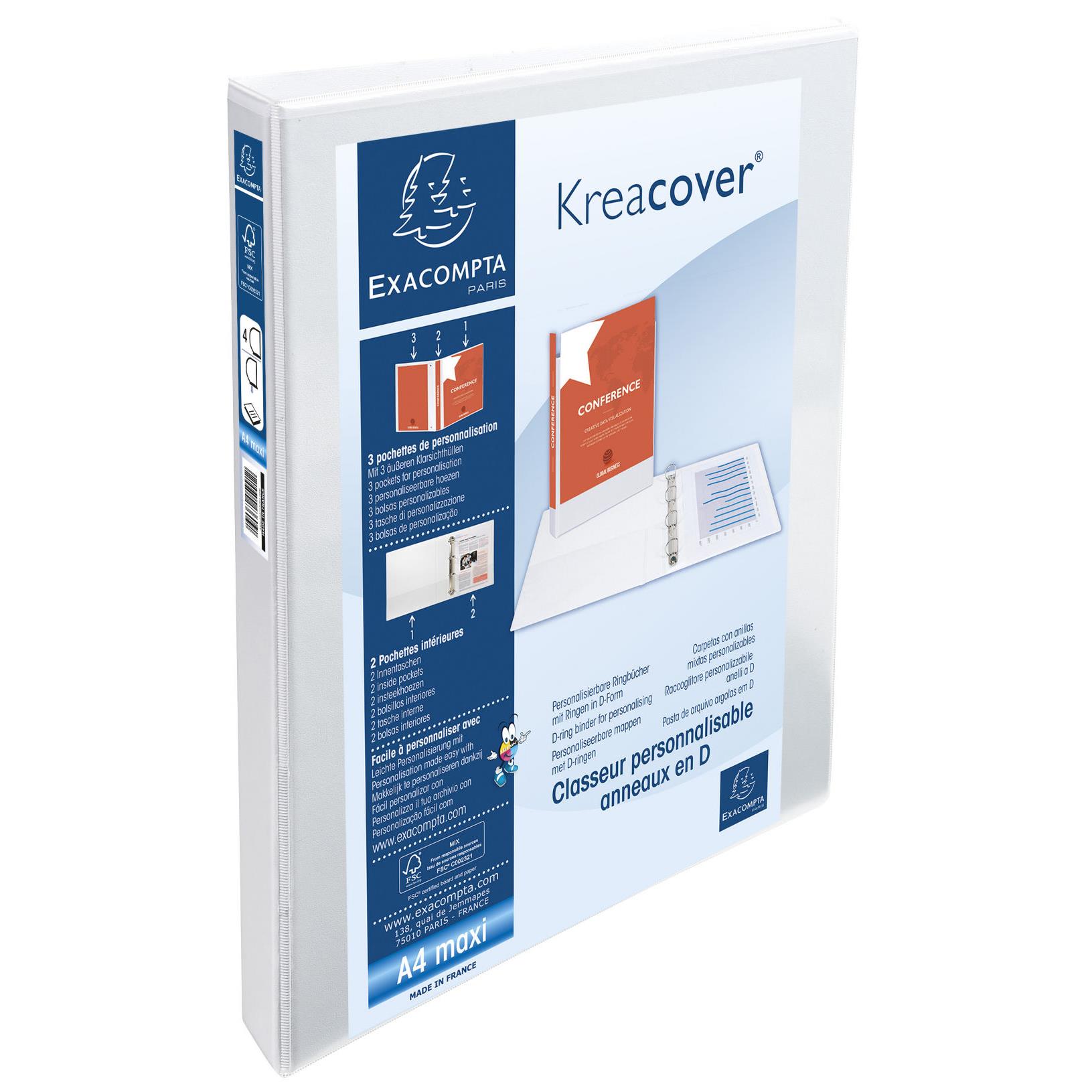 Classeur  anneaux personnalisable 3 faces plastifi Exacompta Kreacover - 4 anneaux en D 15mm - A4 maxi - Dos 3,8 cm - Capacit 140 feuilles - blanc
