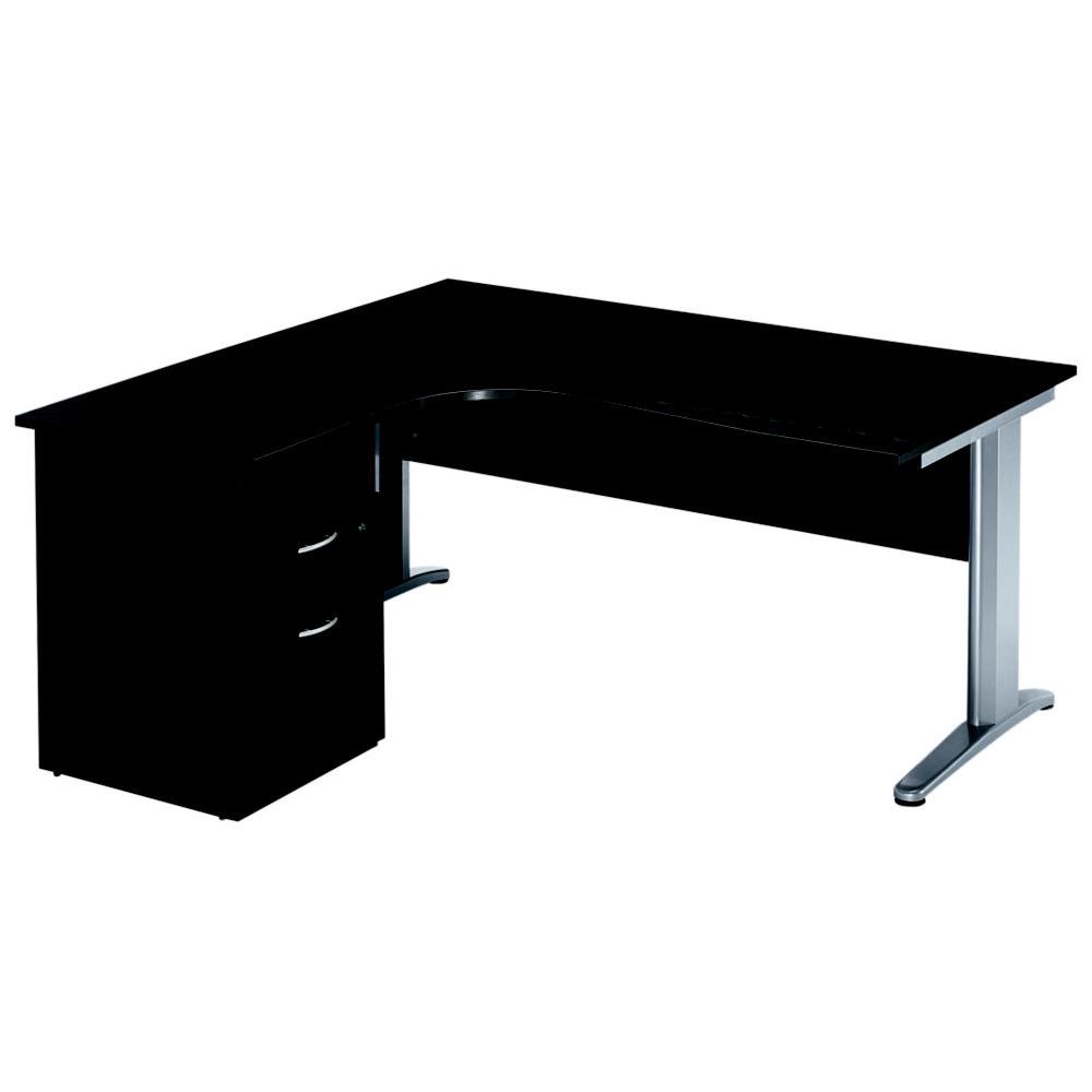 Pack Pulse m�tal - 1 bureau compact retour � gauche noir - pieds L aluminium  - 1 caisson hauteur bureau - prof. 60 cm