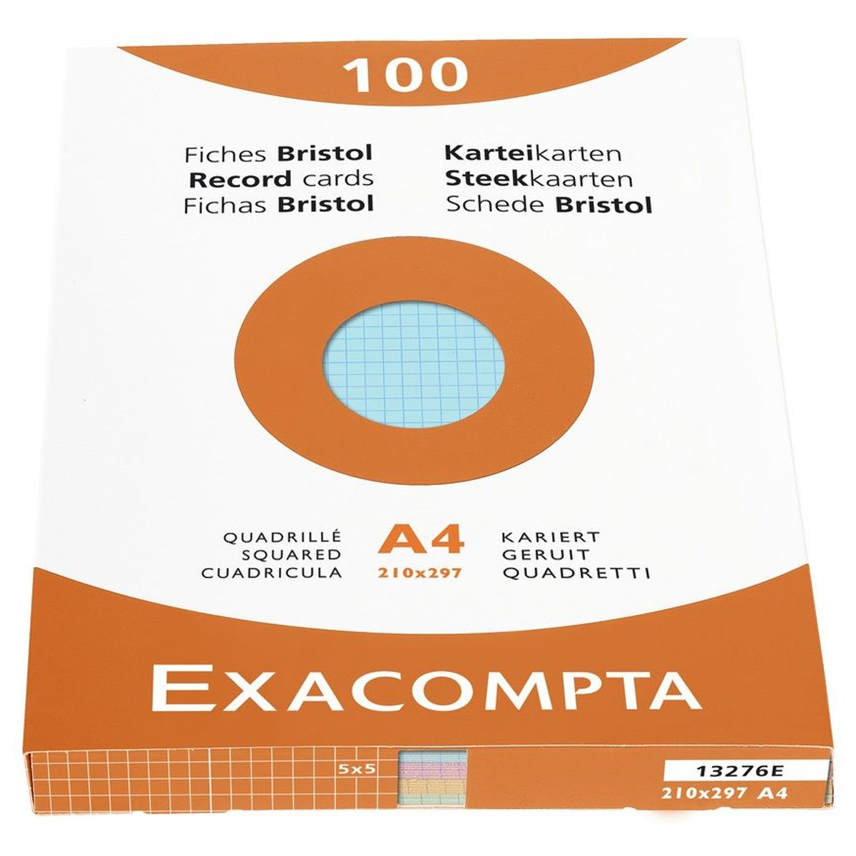 Etui de 100 fiches bristol Exacompta non perfores 210x297mm (A4) 5x5 assortis