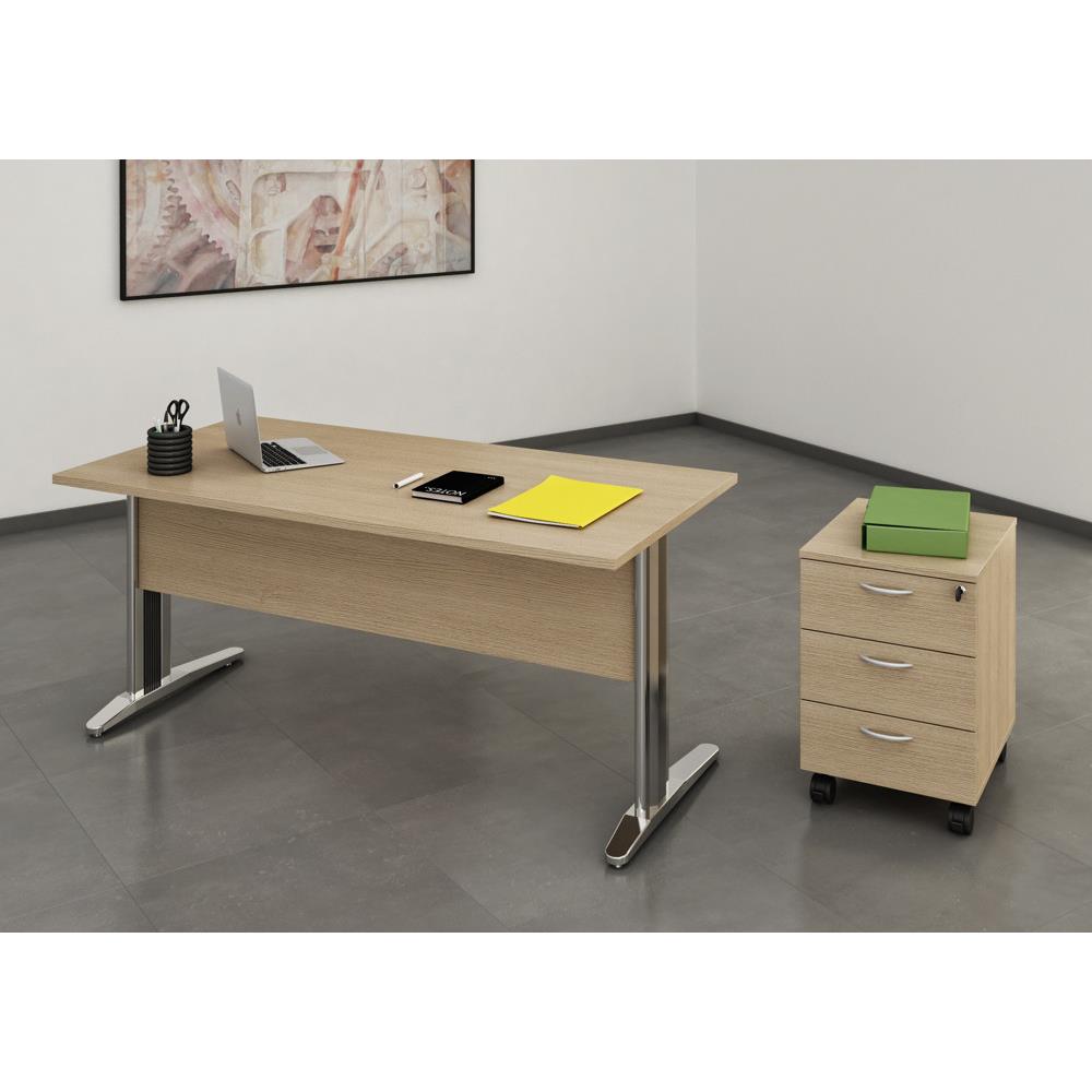 Pack Pulse Prestige - 1 bureau 140 cm - chne - pieds chromes  -  1 caisson - 3 tiroirs