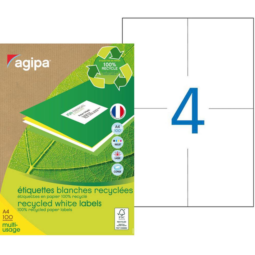 Etiquettes adresses recycles blanches Apli - 108 x 148,5 mm - 100 feuilles A4 - 400 tiquettes par bote