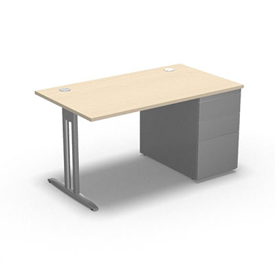 Table de bureau rectangulaire IdoL L. 140  x P. 80 cm dcor rable blanc sur pied I fixe centr sans carter finition gris aluminium et caisson porteur  droite assorti