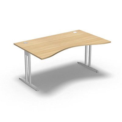 Table de bureau vague symtrique IdoL L. 160  x P. 100 cm dcor chne clair  sur pieds I fixes centrs - traverse finition blanc sans carter
