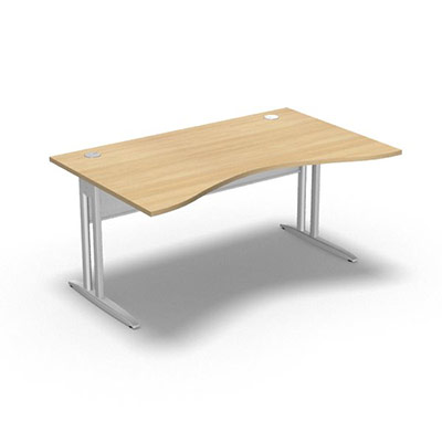 Table de bureau vague symtrique IdoL L. 160  x P. 100 cm dcor chne clair  sur pieds L fixes dcentrs - voile de fond mtal finition blanc sans carter