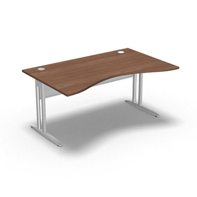 Table de bureau vague sym�trique IdoL L. 160  x P. 100 cm d�cor noyer ambr�  sur pieds L fixes d�centr�s - voile de fond m�tal finition blanc sans carter