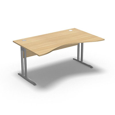 Table de bureau vague symtrique IdoL L. 160  x P. 100 cm dcor chne clair  sur pieds L fixes dcentrs finition gris aluminium - voile de fond mla sans carter