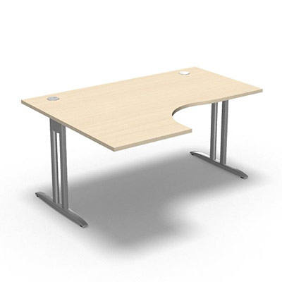 Bureau compact asymtrique 90 IdoL L. 160  x Rt. 60 cm - Retour  gauche dcor rable blanc sur pieds I fixes centrs - traverse finition gris aluminium sans carter