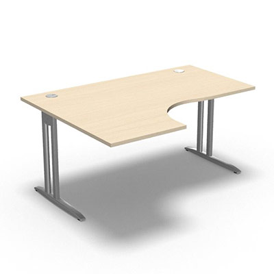 Bureau compact asymtrique 90 IdoL L. 160  x Rt. 60 cm - Retour  gauche dcor rable blanc sur pieds L fixes dcentrs - traverse finition gris aluminium sans carter