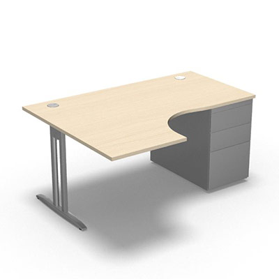 Bureau compact asymtrique 90 IdoL L. 160  x Rt. 60 cm - Retour  gauche dcor rable blanc sur pied fixe centr I finition gris aluminium - caisson porteur sans carter