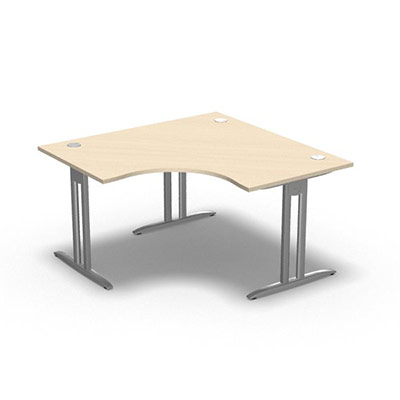 Bureau compact symtrique 90 IdoL L. 140 x L. 140 x Rt 80 cm - retour  gauche dcor rable blanc sur pieds I fixes centrs - traverse finition gris aluminium sans carter