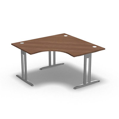 Bureau compact symtrique 90 IdoL L. 140 x L. 140 x Rt 80 cm - retour  gauche dcor noyer ambr sur pieds I fixes centrs - traverse finition gris aluminium sans carter