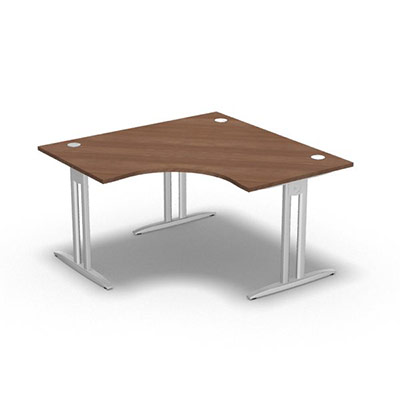 Bureau compact symtrique 90 IdoL L. 140 x L. 140 x Rt 80 cm - retour  gauche dcor noyer ambr sur pieds I fixes centrs - traverse finition blanc sans carter
