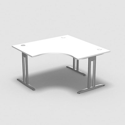 Bureau compact symtrique 90 IdoL L. 140 x L. 140 x Rt 80 cm - retour  droite dcor blanc neige sur pieds I fixes centrs - traverse finition gris aluminium sans carter