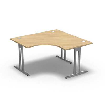 Bureau compact symtrique 90 IdoL L. 140 x L. 140 x Rt 80 cm - retour  droite dcor chne clair sur pieds I fixes centrs - traverse finition gris aluminium sans carter