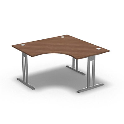 Bureau compact symtrique 90 IdoL L. 140 x L. 140 x Rt 80 cm - retour  droite dcor noyer ambr sur pieds I fixes centrs - traverse finition gris aluminium sans carter