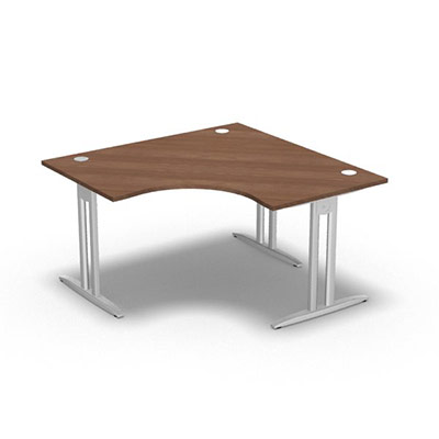 Bureau compact symtrique 90 IdoL L. 140 x L. 140 x Rt 80 cm - retour  droite dcor noyer ambr sur pieds I fixes centrs - traverse finition blanc sans carter