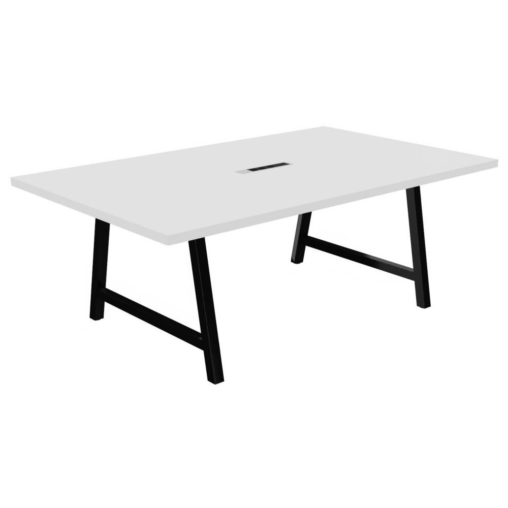 Table de confrence Prisme L200 x L120 cm avec lectrification + prise T - Blanc Pieds arche mtal Noir