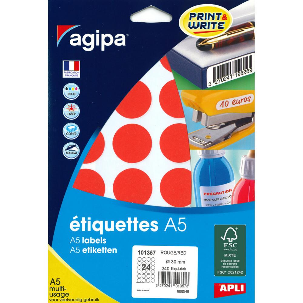 Pastilles adh�sives Agipa rondes o 30 mm - 101357- A5 - Pochette de 10 feuilles de 24 - 240 �tiquettes - Rouge