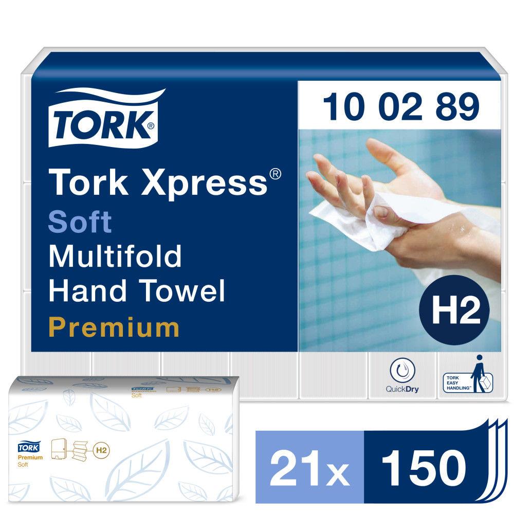 Essuie-mains Tork Premium Xpress extra doux  - 100289 - 2 plis en Z - colis de 21 paquets de 150 - pour TORK H2