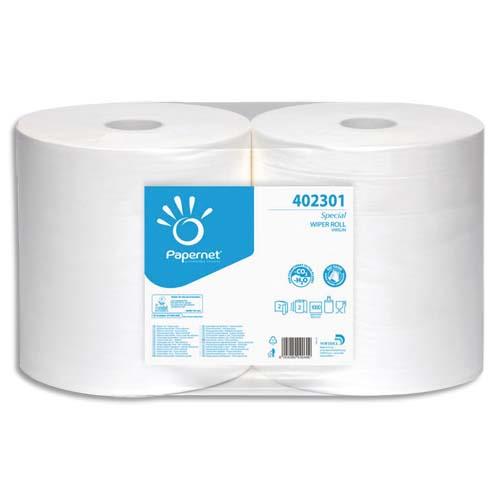 Lot de 2 bobines d'essuyage Papernet blanche - 1000 formats - 2 plis - 23,2 x 30,5 cm - agr contact alimentaire