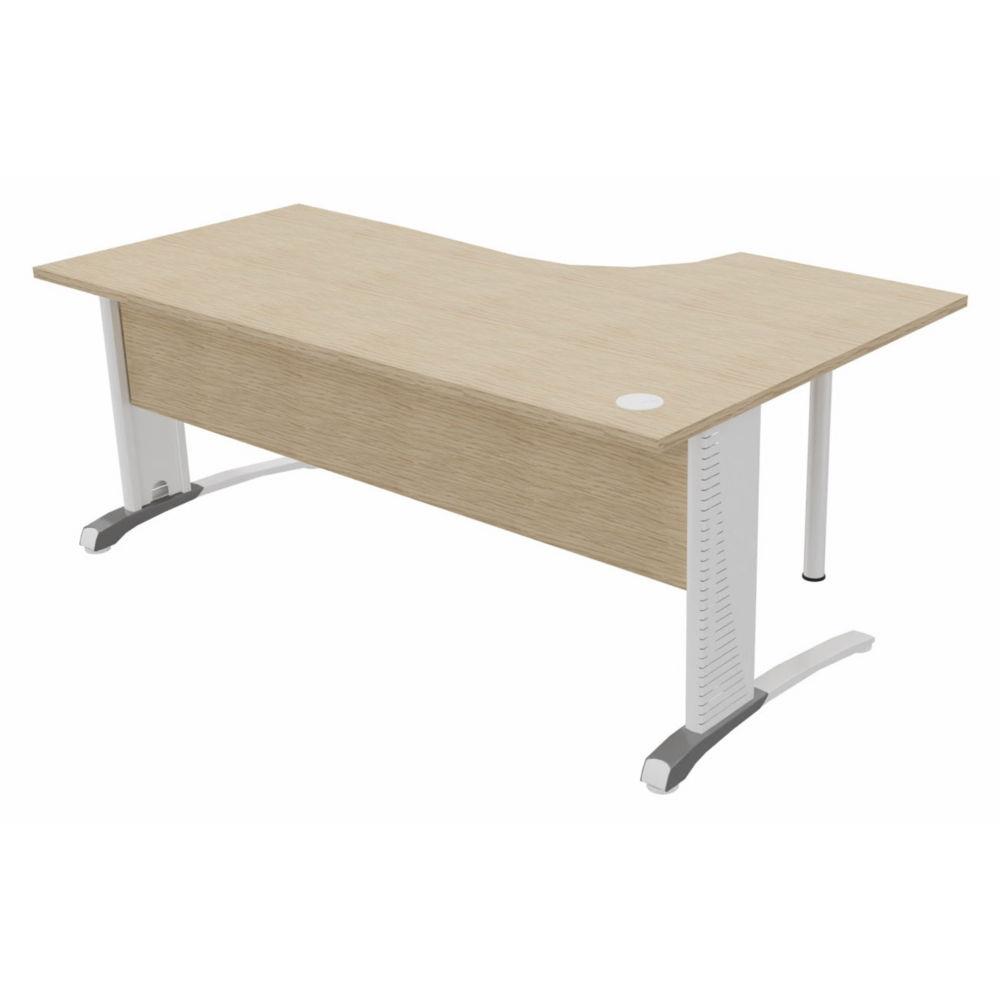 Bureau compact retour � gauche Triomphe 2 - L 180 x P 110 cm - plateau ch�ne - pieds L blancs  - embase aluminium