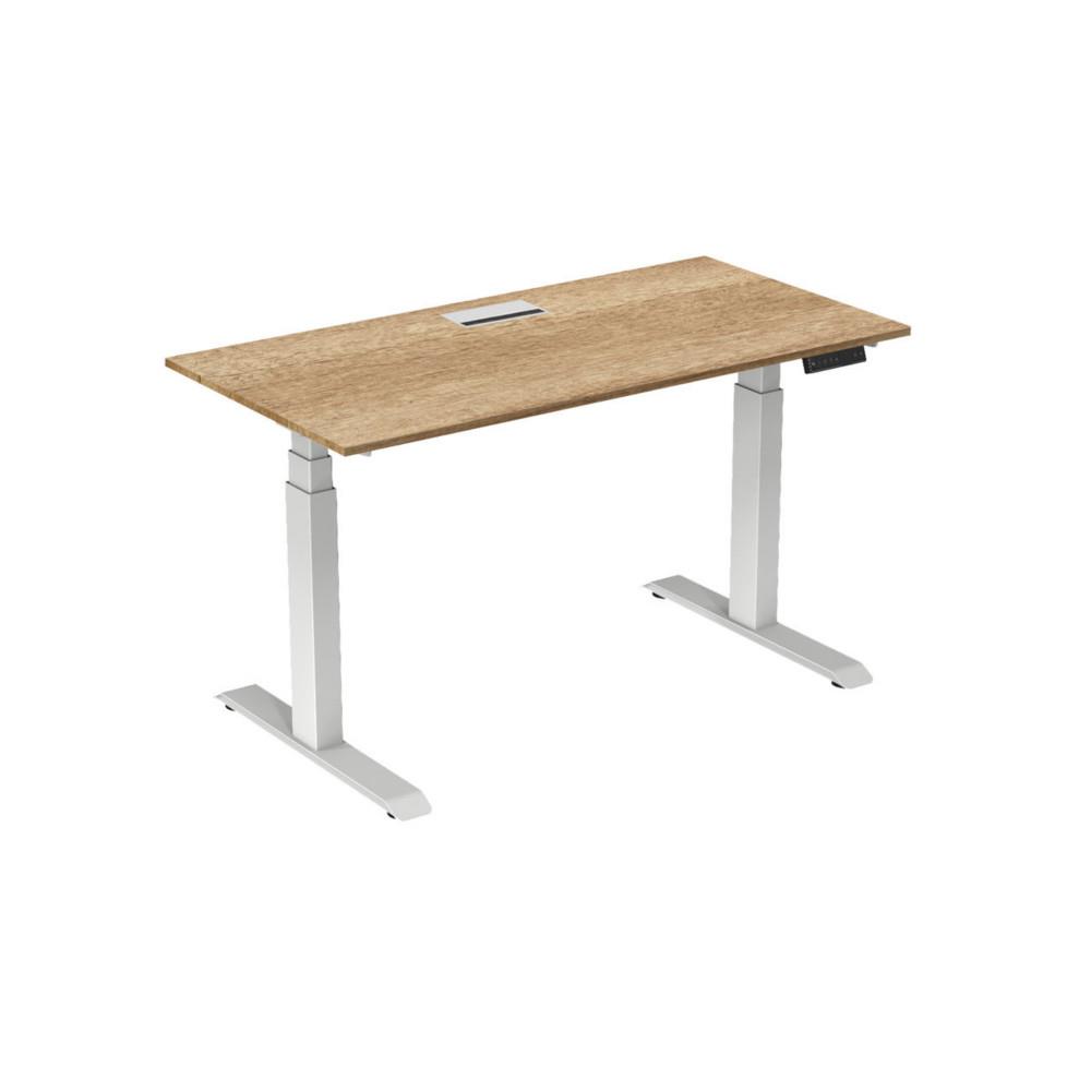 Bureau lectrique hauteur rglable Nova L160 cm plateau avec top access Chne Nebraska - pieds mtal Blanc