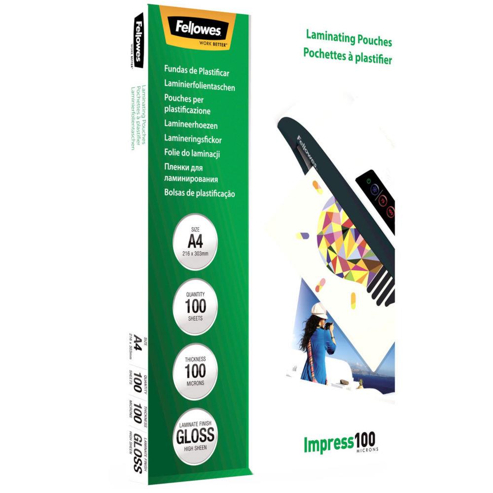 Pochettes de plastification A4 Fellowes Impress - Epaisseur : 100 microns par face - Bote de 100