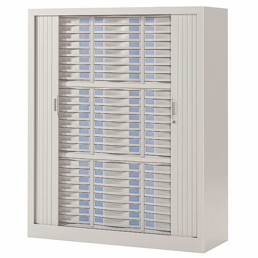 Armoire Eska 3 colonnes 72 tiroirs gris corps gris rideaux gris