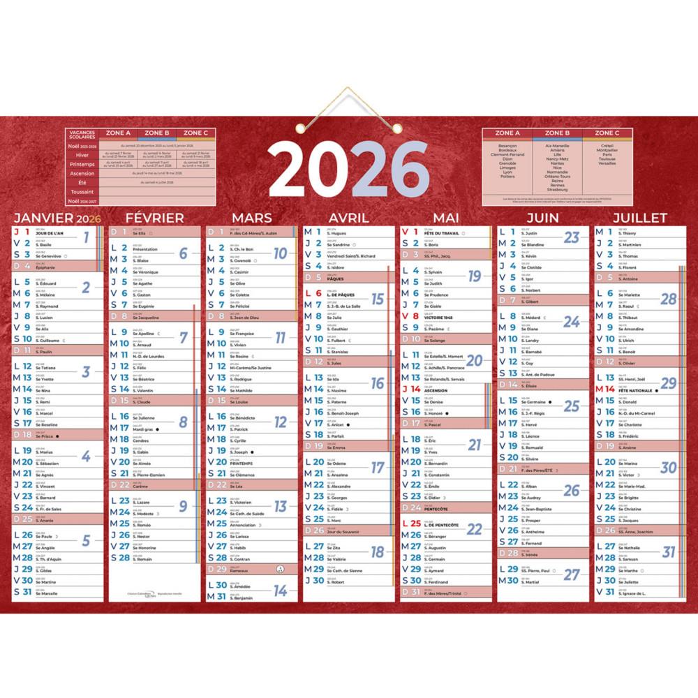 Calendrier bancaire rouge - 38,5 x 54 cm
