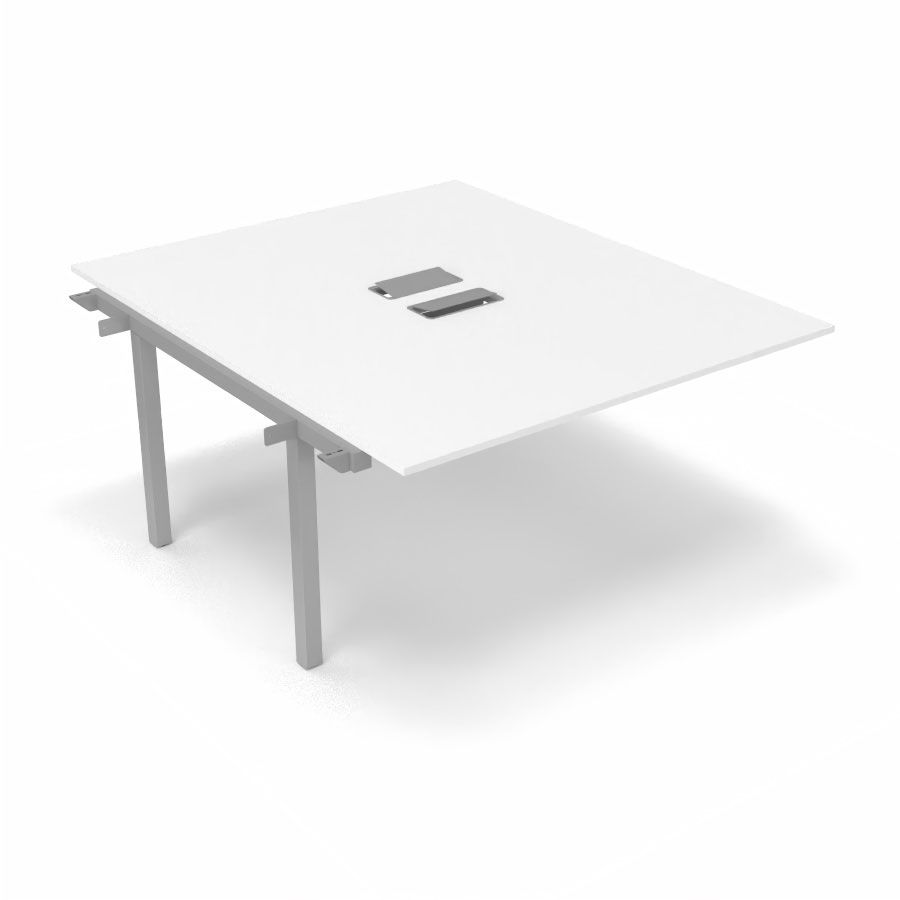 Bureau Arial partag - lment suivant - L. 140 x P. 165 cm p. 19 mm - monoplateau mlamine blanc neige avec 2 trappes et goulotte incluses - pitement arche mtal lisse gris aluminium