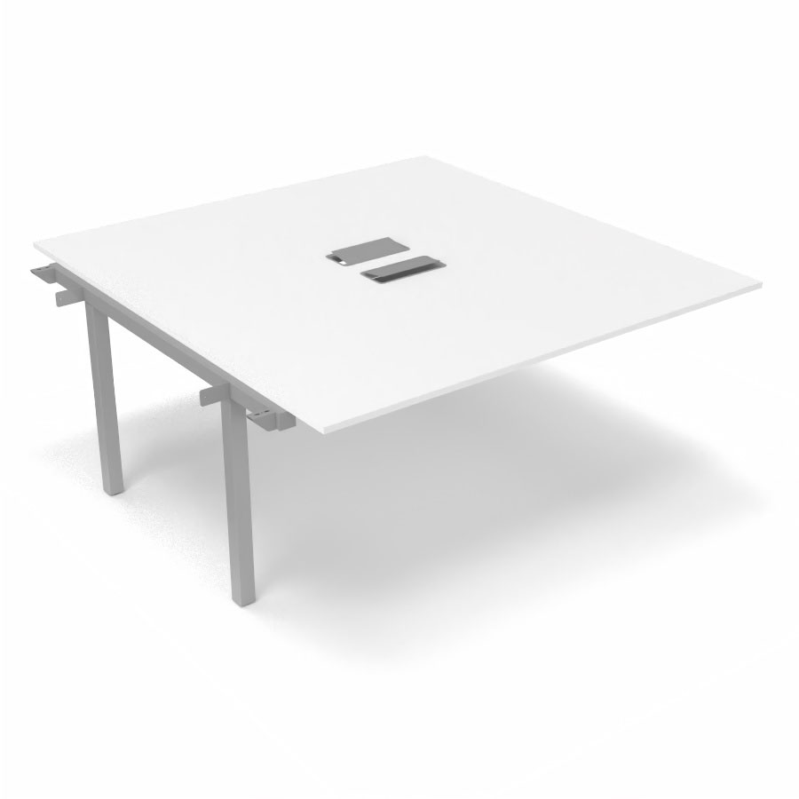 Bureau Arial partag - lment suivant - L. 160 x P. 165 cm p. 19 mm - monoplateau mlamine blanc neige avec 2 trappes et goulotte incluses - pitement arche mtal lisse gris aluminium