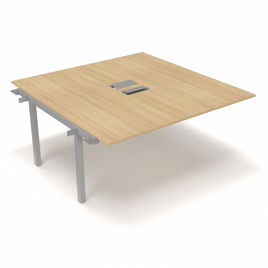 Bureau Arial partag - lment suivant - L. 160 x P. 165 cm p. 19 mm - monoplateau mlamine chne clair avec 2 trappes et goulotte incluses - pitement arche mtal lisse gris aluminium