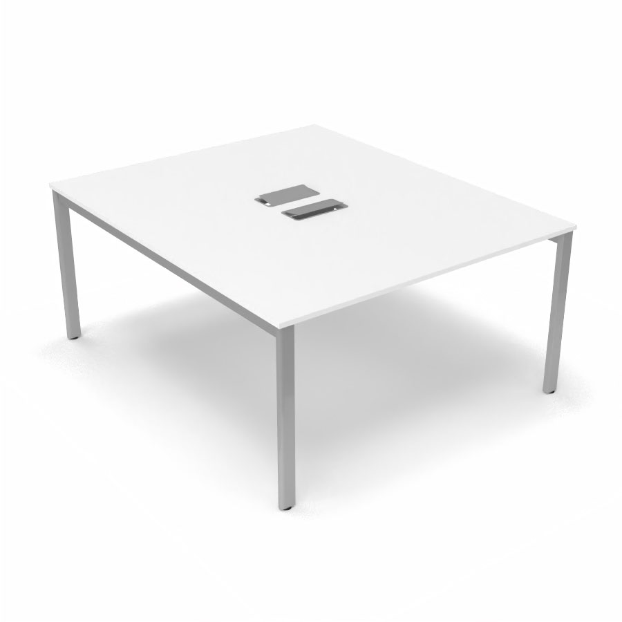 Bureau Arial partag L. 140 x P. 165 cm p. 19 mm - monoplateau mlamine blanc neige avec 2 trappes et goulotte incluses - pitement arche mtal lisse gris aluminium