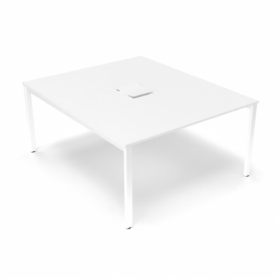 Bureau Arial partag L. 140 x P. 165 cm p. 19 mm - monoplateau mlamine blanc neige avec 2 trappes et goulotte incluses - pitement arche mtal lisse blanc