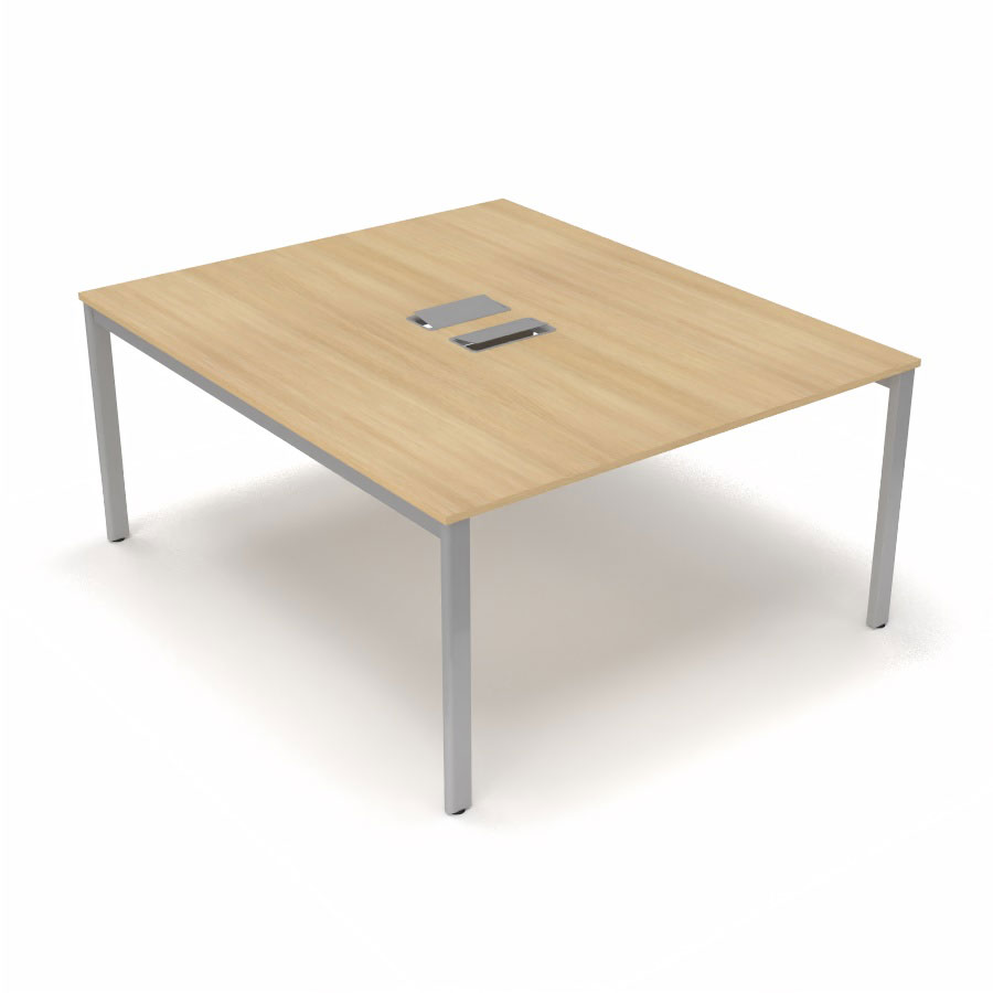 Bureau Arial partag L. 140 x P. 165 cm p. 19 mm - monoplateau mlamine chne clair avec 2 trappes et goulotte incluses - pitement arche mtal lisse gris aluminium