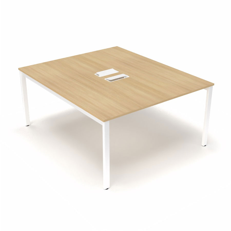 Bureau Arial partag L. 140 x P. 165 cm p. 19 mm - monoplateau mlamine chne clair avec 2 trappes et goulotte incluses - pitement arche mtal lisse blanc