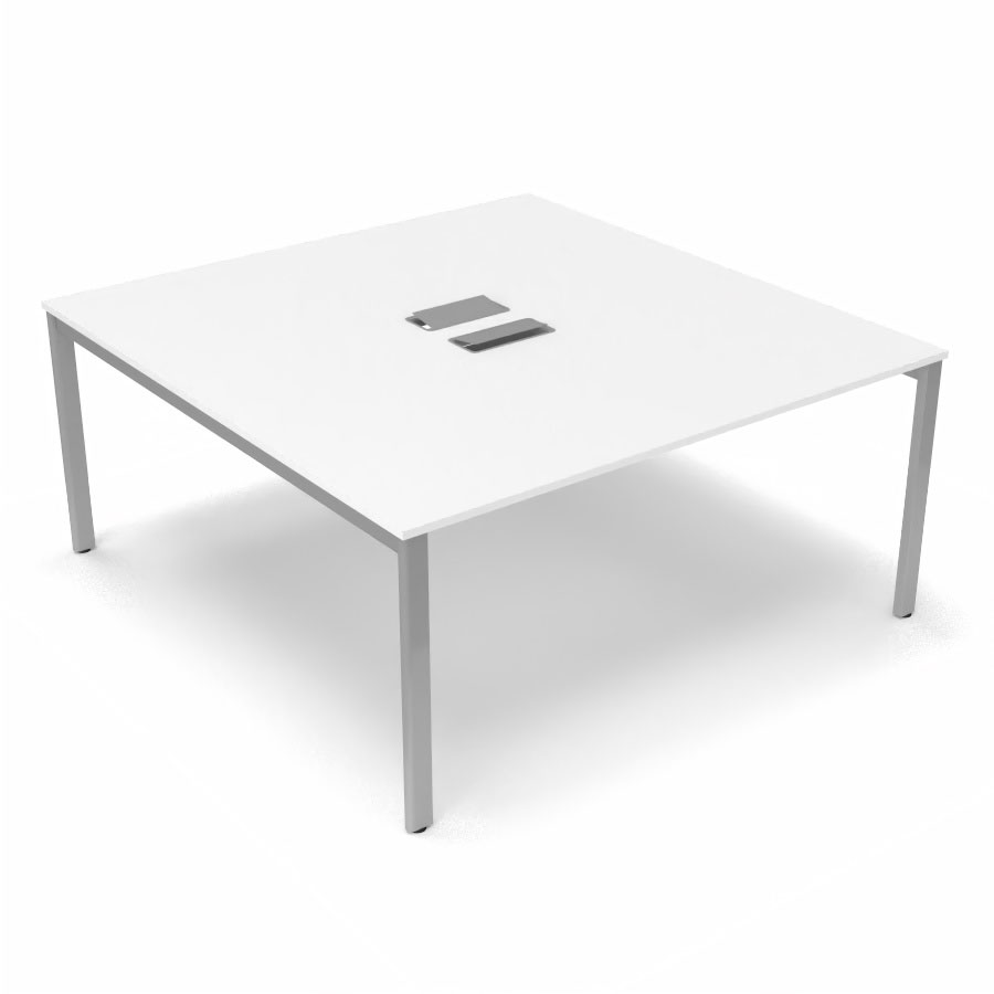 Bureau Arial partag L. 160 x P. 165 cm p. 19 mm - monoplateau mlamine blanc neige avec 2 trappes et goulotte incluses - pitement arche mtal lisse gris aluminium