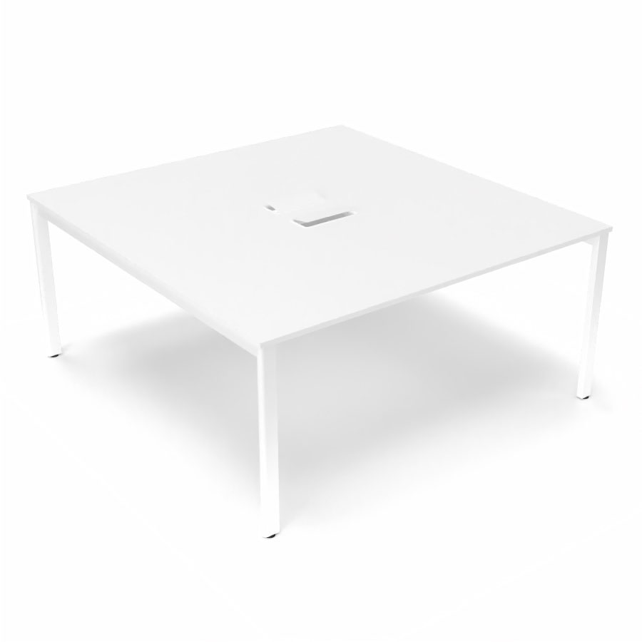 Bureau Arial partag L. 160 x P. 165 cm p. 19 mm - monoplateau mlamine blanc neige avec 2 trappes et goulotte incluses - pitement arche mtal lisse blanc