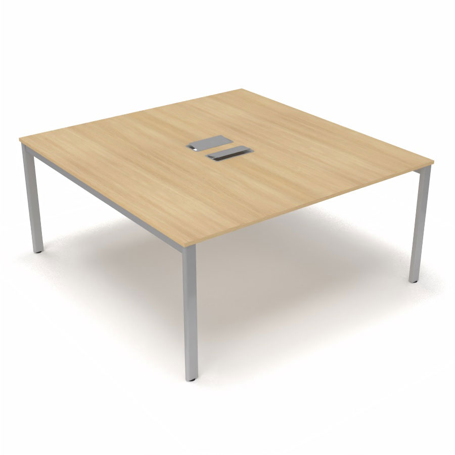 Bureau Arial partag L. 160 x P. 165 cm p. 19 mm - monoplateau mlamine chne clair avec 2 trappes et goulotte incluses - pitement arche mtal lisse gris aluminium
