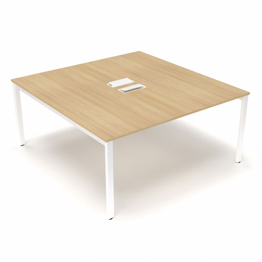 Bureau Arial partag L. 160 x P. 165 cm p. 19 mm - monoplateau mlamine chne clair avec 2 trappes et goulotte incluses - pitement arche mtal lisse blanc