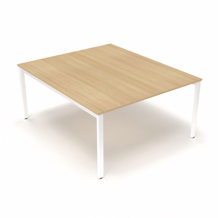 Table de runion Arial L. 140 x P. 165 cm p. 19 mm - plateau mlamine chne clair - pitement arche mtal lisse blanc