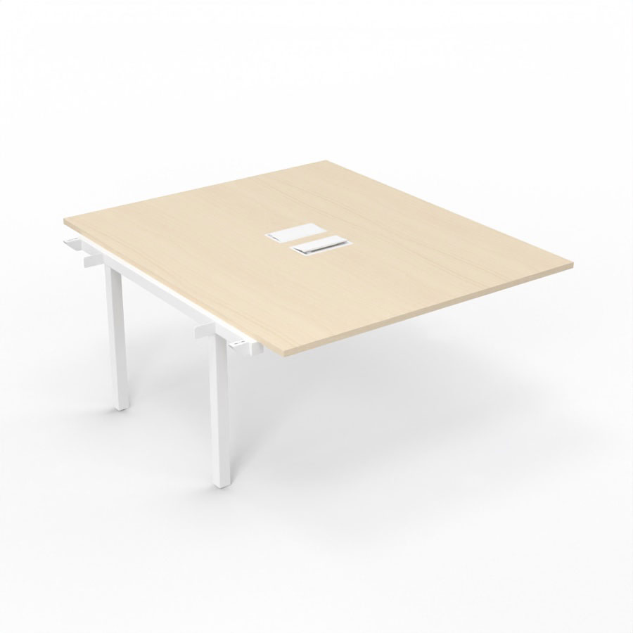 Bureau Arial partag - lment suivant - L. 140 x P. 165 cm p. 25 mm - monoplateau mlamine rable blanc avec 2 trappes et goulotte incluses - pitement arche mtal lisse blanc