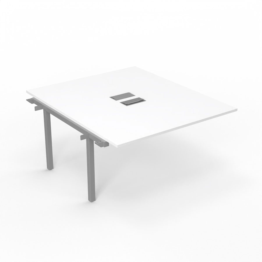 Bureau Arial partag - lment suivant - L. 140 x P. 165 cm p. 25 mm - monoplateau mlamine blanc neige avec 2 trappes et goulotte incluses - pitement arche mtal lisse gris aluminium