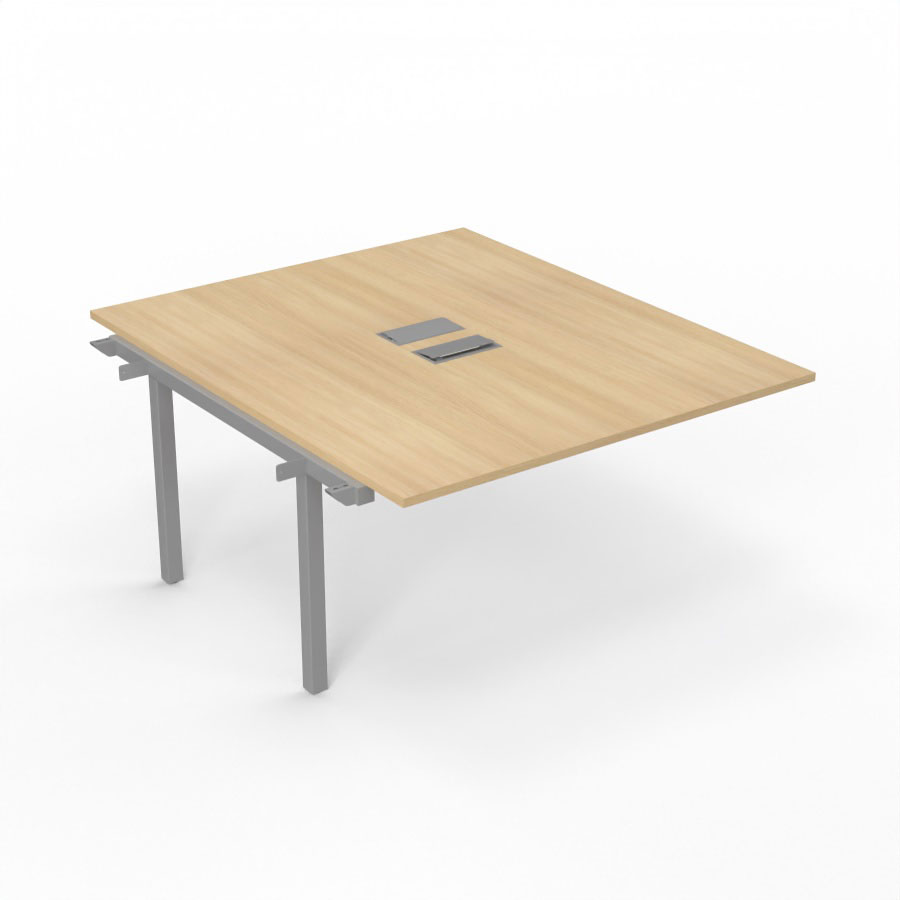 Bureau Arial partag - lment suivant - L. 140 x P. 165 cm p. 25 mm - monoplateau mlamine chne clair avec 2 trappes et goulotte incluses - pitement arche mtal lisse gris aluminium
